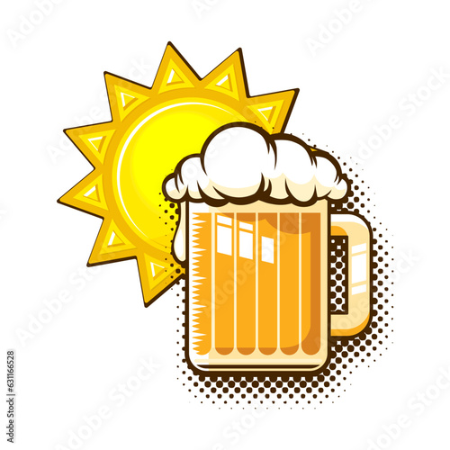 Summer template with mug of beer and sun in comic style. Vector on transparent background