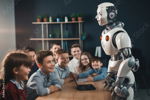 Children engaged in a educational activity with a robot at a table