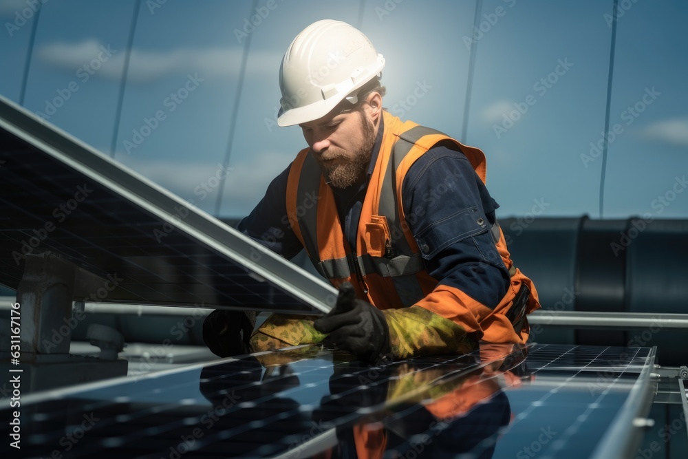 Engineer technician working with solar cell panel. Renewable. Generative AI Engineer technician working with solar cell panel. Renewable. Generative AI