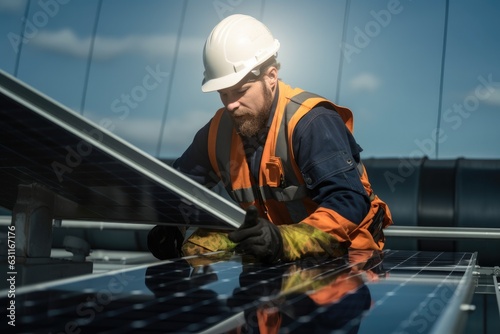 Engineer technician working with solar cell panel. Renewable. Generative AI