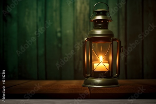 Old fashioned vintage kerosene oil lantern lamp burning in an antique rustic country barn with aged wood wall and weathered wooden floor