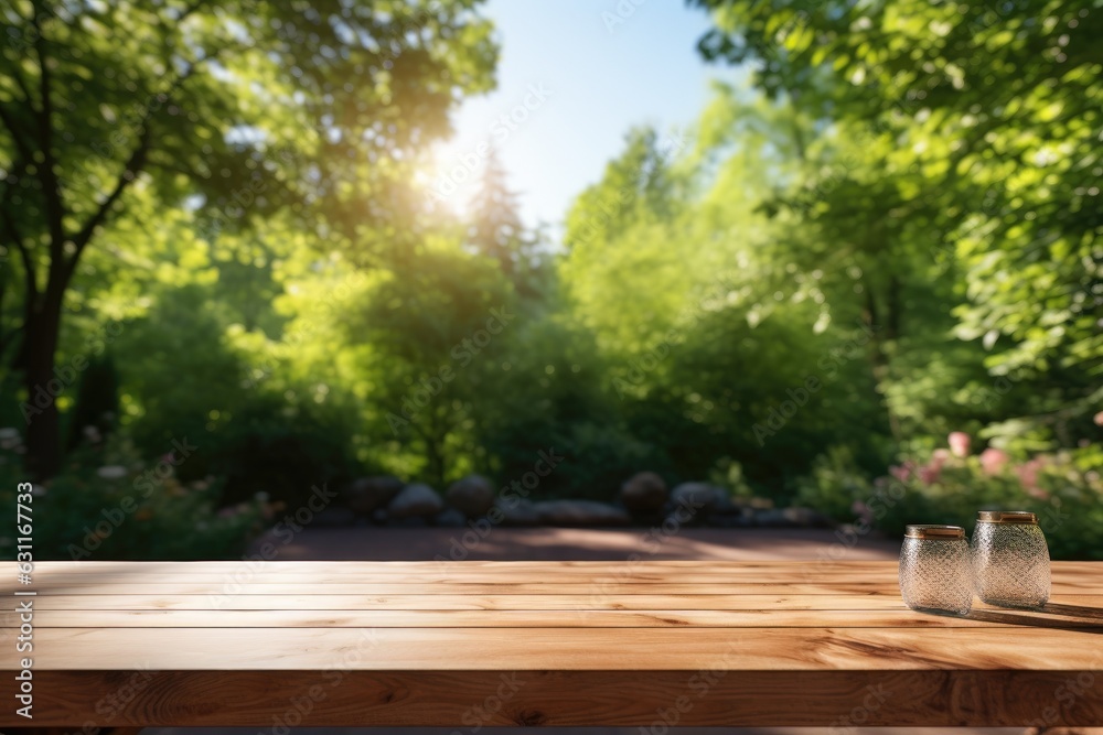 Empty wooden table with picnic in garden background. Generative AI Empty wooden table with picnic in garden background. Generative AI