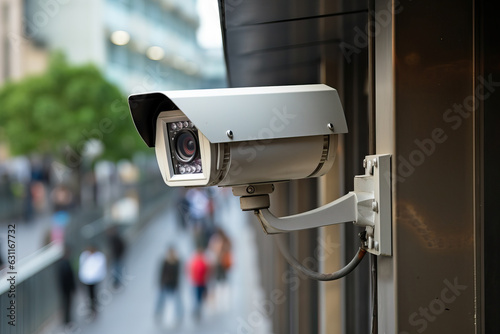 A security camera mounted on the side of a building photo