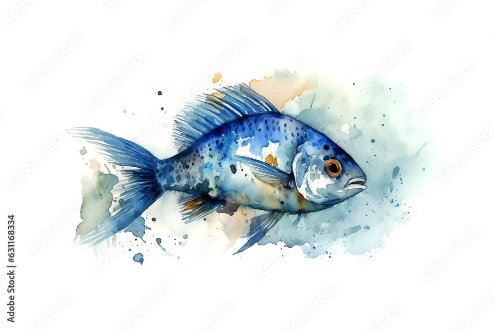Fototapeta premium Watercolor illustration of a blue fish with splashes of watercolor paint