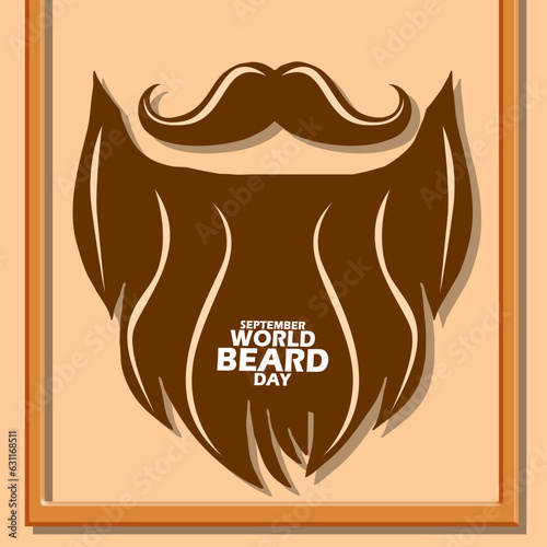 Illustration of an aesthetic beard and mustache. with bold text and frame on light brown background to commemorate World Beard Day on September