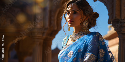 indian woman with a traditional blue dress, fictional person made with generative ai