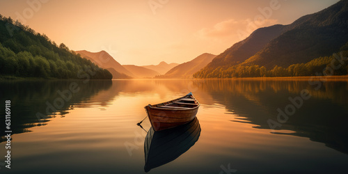 empty fisher boat in the river in Sunrise through the mountains