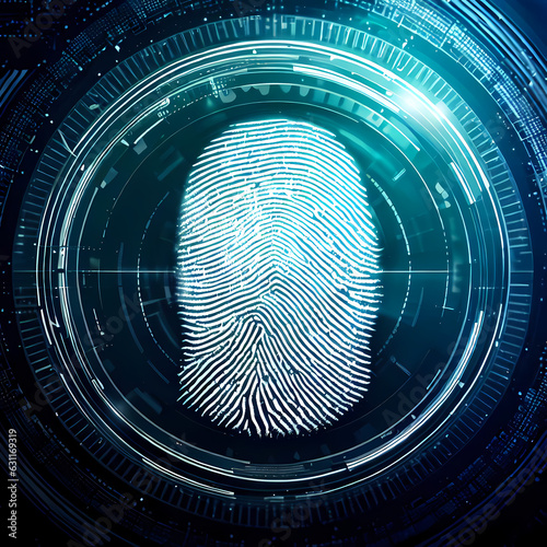 Fingerprint identification technology, dark blue illustration, computer generated, not an actual personal finger