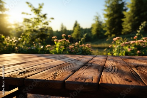 Empty wooden table with picnic in garden background. Generative AI © itchaznong