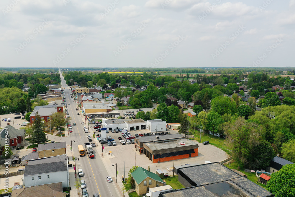 Aerial view of Harriston, Ontario, Canada in spring