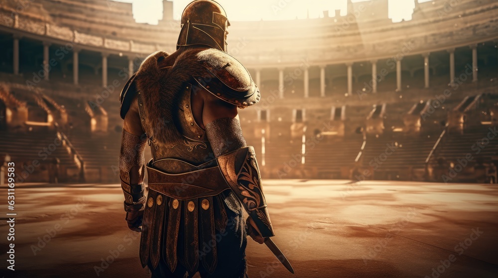 Naklejka premium Ancient Roman gladiator standing in the arena. Created with Generative AI.