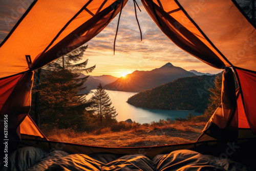 Camping tent in the Mountains, view fron inside the tent Generative AI