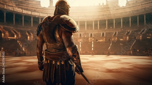 Ancient Roman gladiator standing in the arena. Created with Generative AI. photo