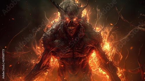 Scary demon monster in hell. Created with generative AI. © lchumpitaz