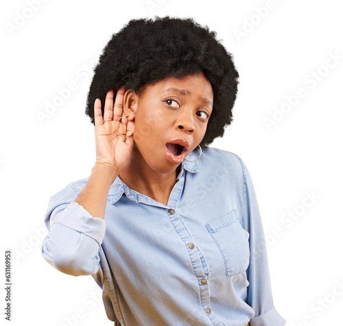 Fotografija Secret, gossip and black woman listening, isolated on transparent png background with wow or wtf face expression