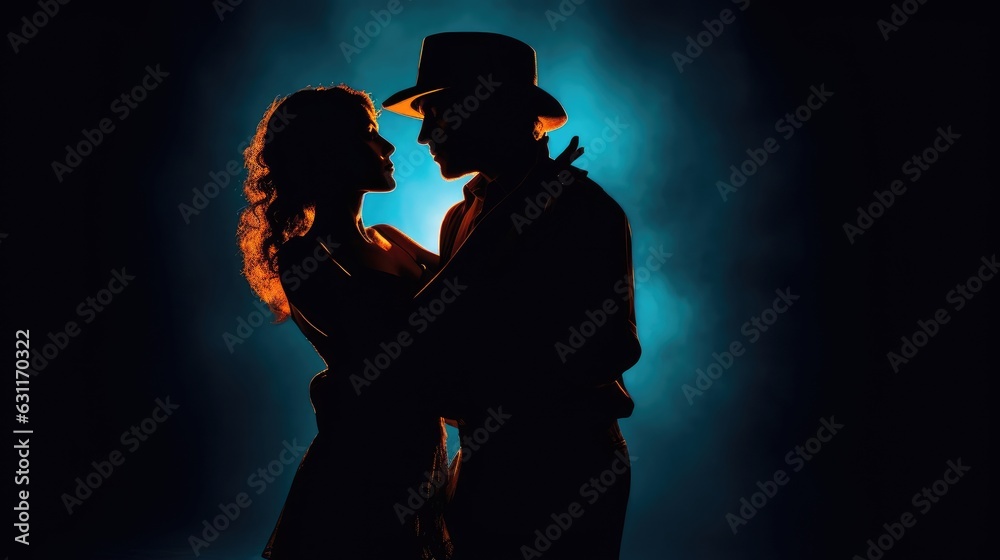 Silhouette couple man and woman dancing tango. Created with Generative AI.
