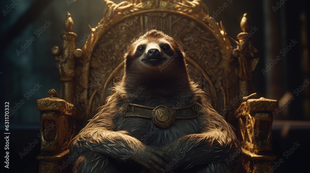 sloth sitting on a king throne. Created with Generative AI.