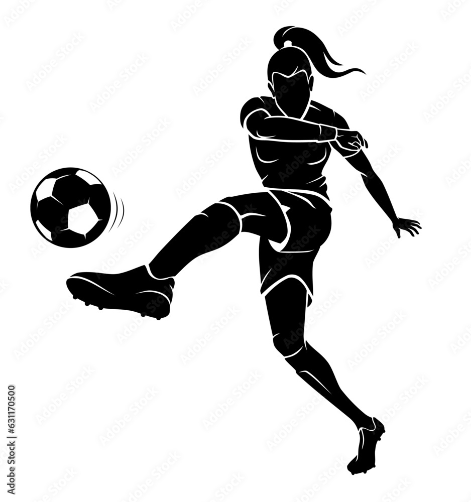Female Soccer Player, Power Left Kick Sport Silhouette Female Soccer Player, Power Left Kick Sport Silhouette