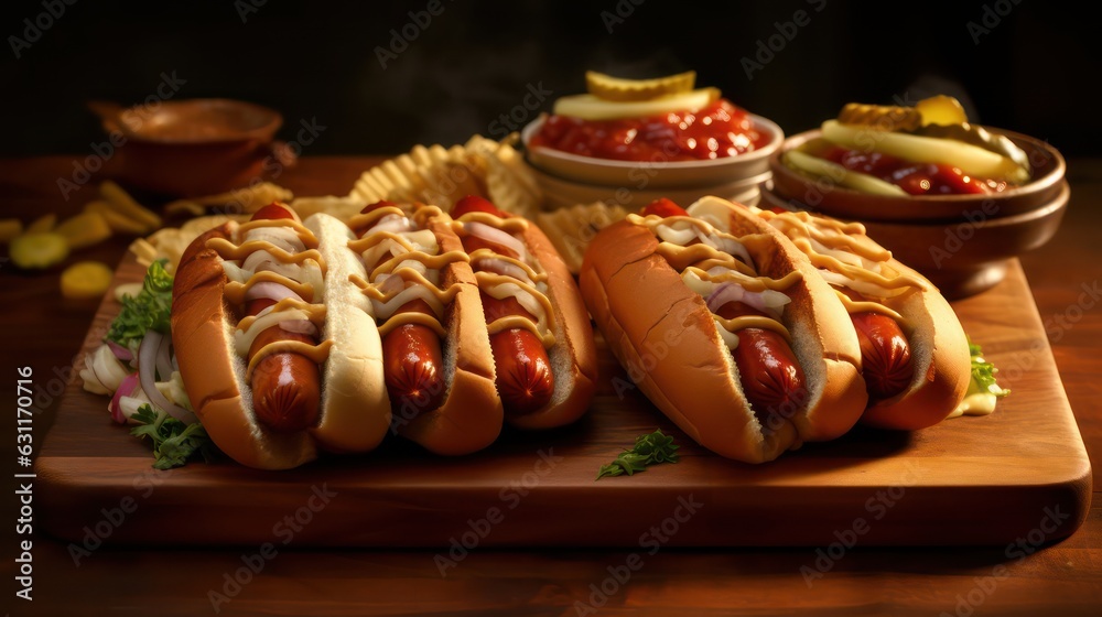 hot dog with mustard and ketchup - obrazy, fototapety, plakaty 