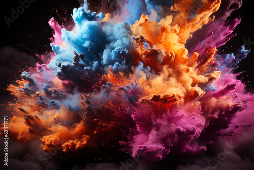 Multicolored powder, smoke and ink explode on a black background, colored abstract background