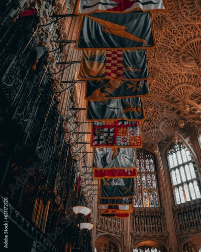 Series of flags waving atop the grand columns of Westminster Castle in London  England