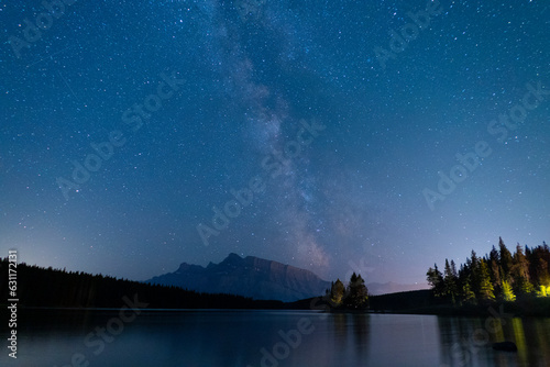 the milky way in the sky over a lake
