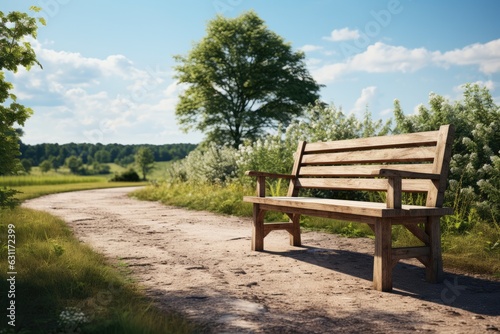 Empty bench table with picnic in garden background. Generative AI