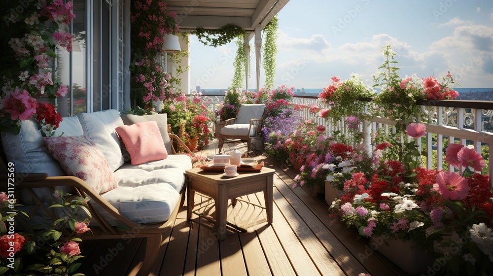 Apartment balcony decorated with flowers, apartment balcony full of flowers, INS style balcony garden