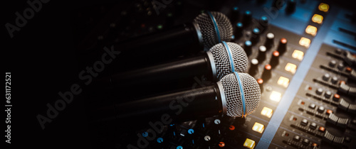 Close-up microphone and sound mixer in studio for sound record control system and audio equipment and music instrument