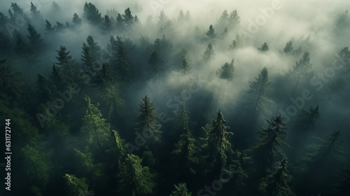 Mystical Canopy Drone's View of Tree Crowns Emerging Through Fog
