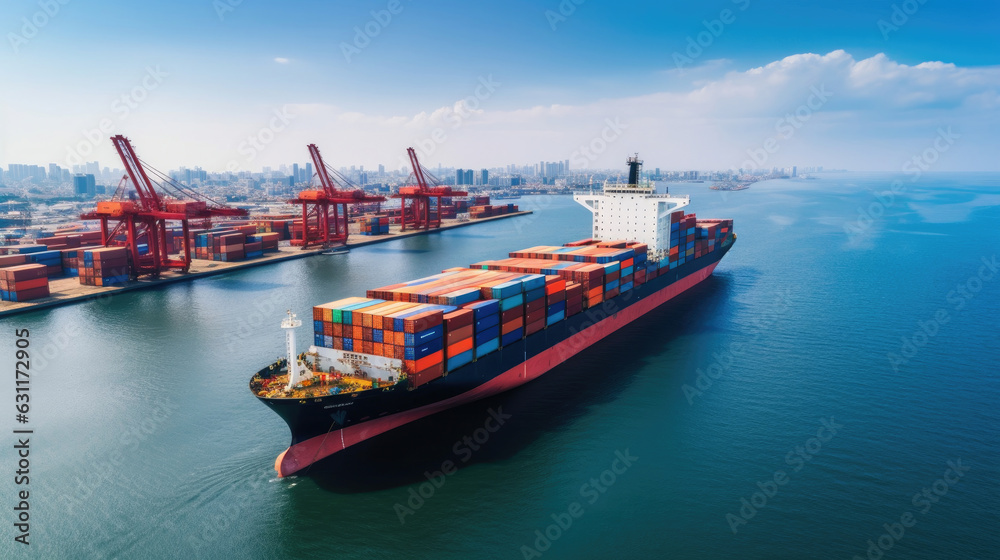Container ship loading and unloading in sea port, Aerial view of business logistic import and export freight transportation by container ship in harbor