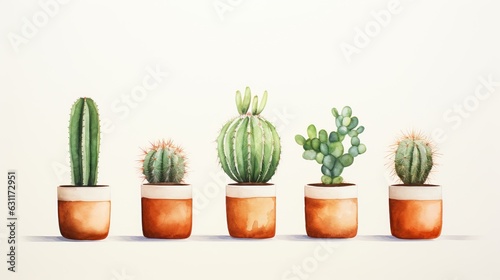 Watercolor cactus minimal collection in clay pot isolated on white background.