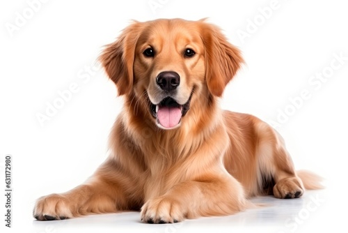 Dog breed golden retriever lies on isolated white background. Advertising banner for veterinary, animal hotel.