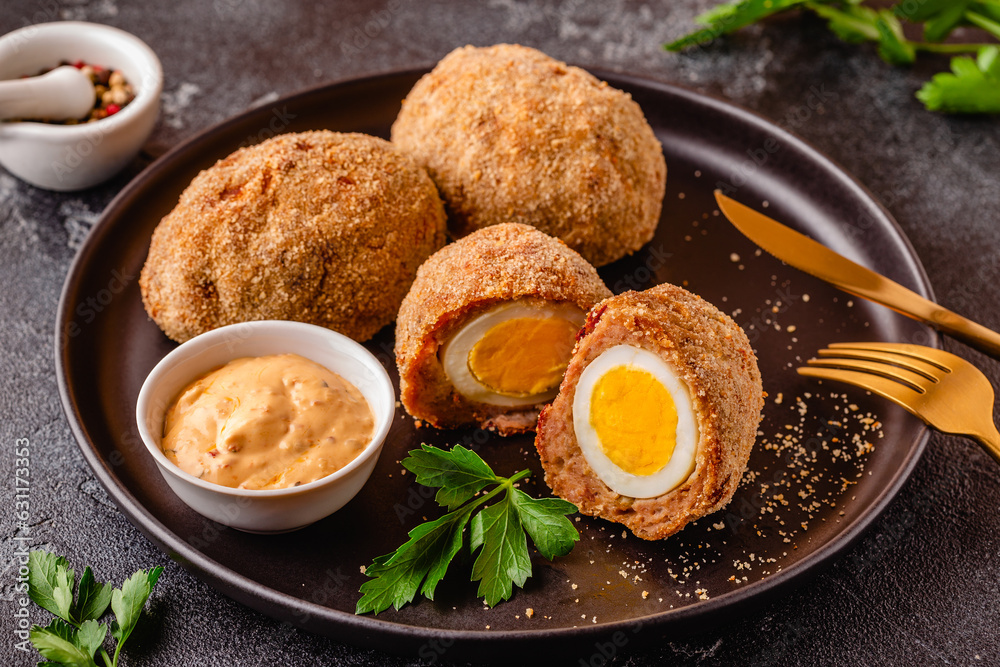 Traditional Scotch Eggs on a black plate.