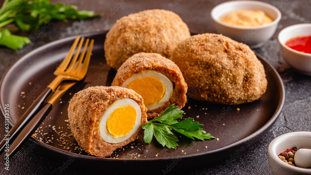 Traditional Scotch Eggs on a black plate. Traditional Scotch Eggs on a black plate.