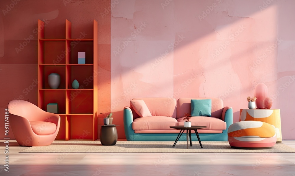 Modern living room with colorful wall and furniture. Light interior. Modern living room with colorful wall and furniture. Light interior.