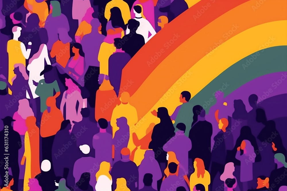 pride celebration concept freedom community homosexual rainbow parade flag group. Generative AI.
