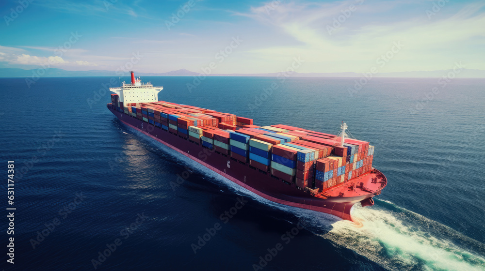 Aerial view container ship in port at container terminal port, Ship of container ship stand in terminal port on loading, unloading container, Commercial cargo ship in sea port.