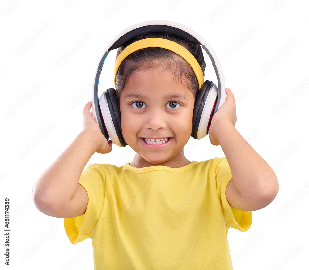 Girl, kid and headphones, music and portrait, happy with wireless technology isolated on png transparent background. Young female child, listening to radio and audio streaming with youth and smile Girl, kid and headphones, music and portrait, happy with wireless technology isolated on png transparent background. Young female child, listening to radio and audio streaming with youth and smile