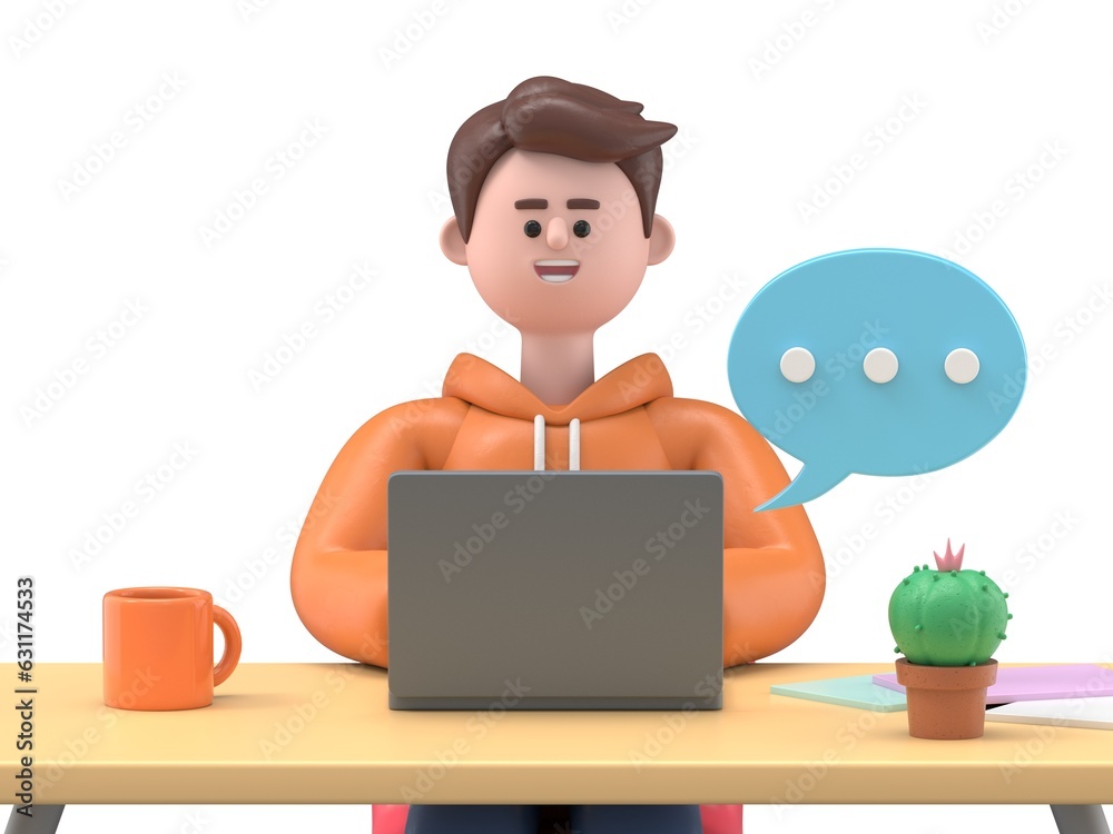 3D illustration of a smiling Asian male guy Qadir  laptop and working at the desk in office with coffee cup, cactus. Portraits of cartoon characters or freelancer chatting on the computer with speech 
