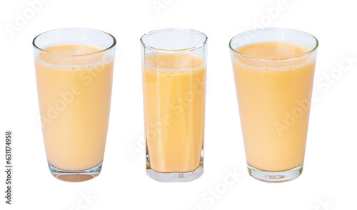 Lactic fermentation beverage light orange sour or yogurt taste in square, sphere glass tall three type isolated on cut out PNG. Fermented milk vitamin B2 low cholesterol Lactobacillus acidophilus