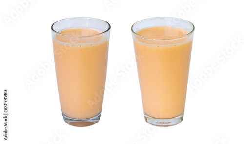 Lactic fermentation beverage color light orange sour or yogurt taste in round, two type glass tall isolated on cut out PNG. Lactobacillus acidophilus. Fermented milk vitamin B2 low cholesterol.