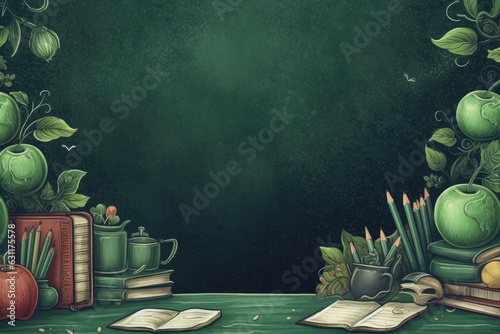 Green chalkboard background, school board with copyspace, Back to school concept