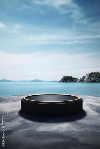 black podium circle with stone floor against sea background © Hamsyfr