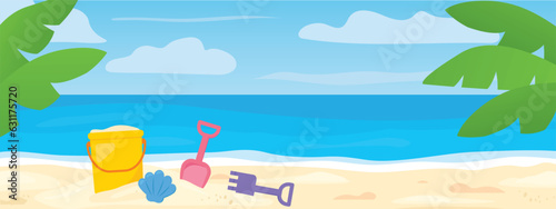 summer banner with children sand toys and palm leaves on the tropical beach - vector illustration