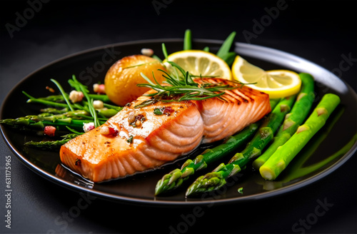 Baked salmon with asparagus on gray background. Mediterranean diet concept. Panorama, AI Generated