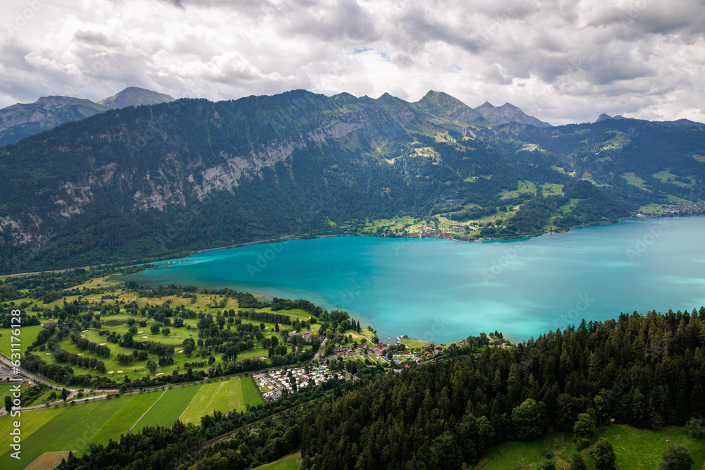 view over Lake Thun and Interlaken West on a cloudy summer day