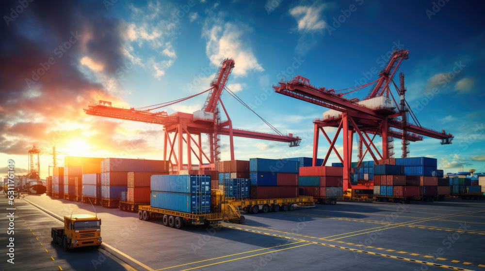 Logistics and transportation of Container Cargo ship and Cargo plane with working crane bridge in shipyard at sunrise, logistic import export and transport industry background, Aerial view from drone Logistics and transportation of Container Cargo ship and Cargo plane with working crane bridge in shipyard at sunrise, logistic import export and transport industry background, Aerial view from drone