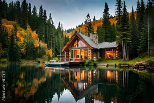 Reflection of the house in the lake hidden in the trees by the Lake Ohara in Canada .