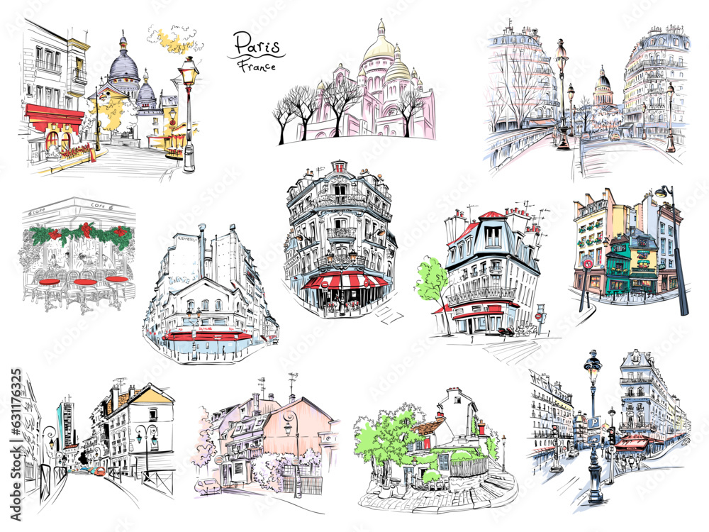 Set of color vector typical parisain landmarks, house, cafe and lanterns, Paris, France. - obrazy, fototapety, plakaty 